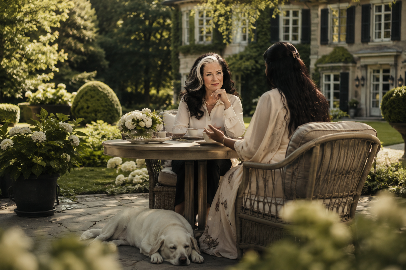 Maria in conversation at a garden table, with a resting dog and a grand home in the background
