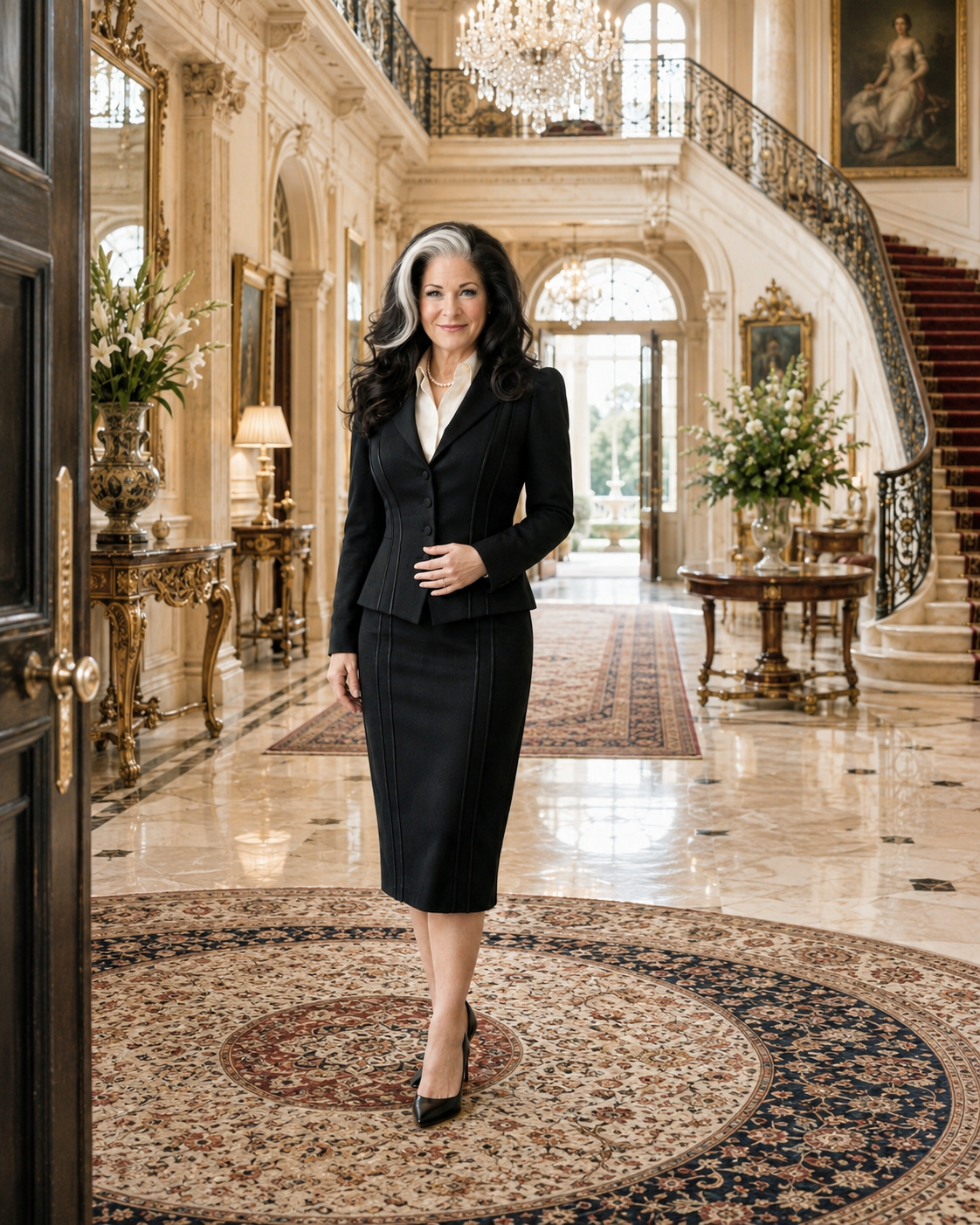 Maria Dolores, private residence steward, in a tailored suit