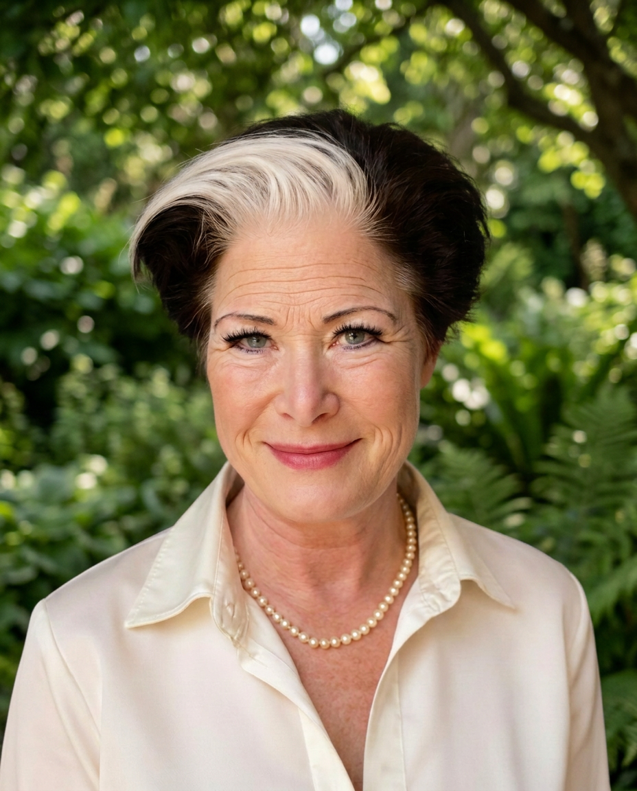Close portrait of Maria Dolores in a white silk blouse, in a lush garden